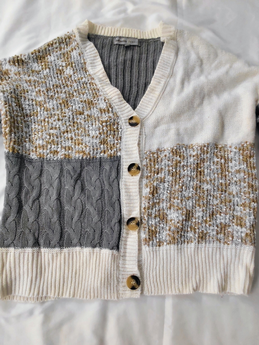 Absolutely Famous Patchwork Cable-Knit Button Cardigan - Cream, Gray, Gold